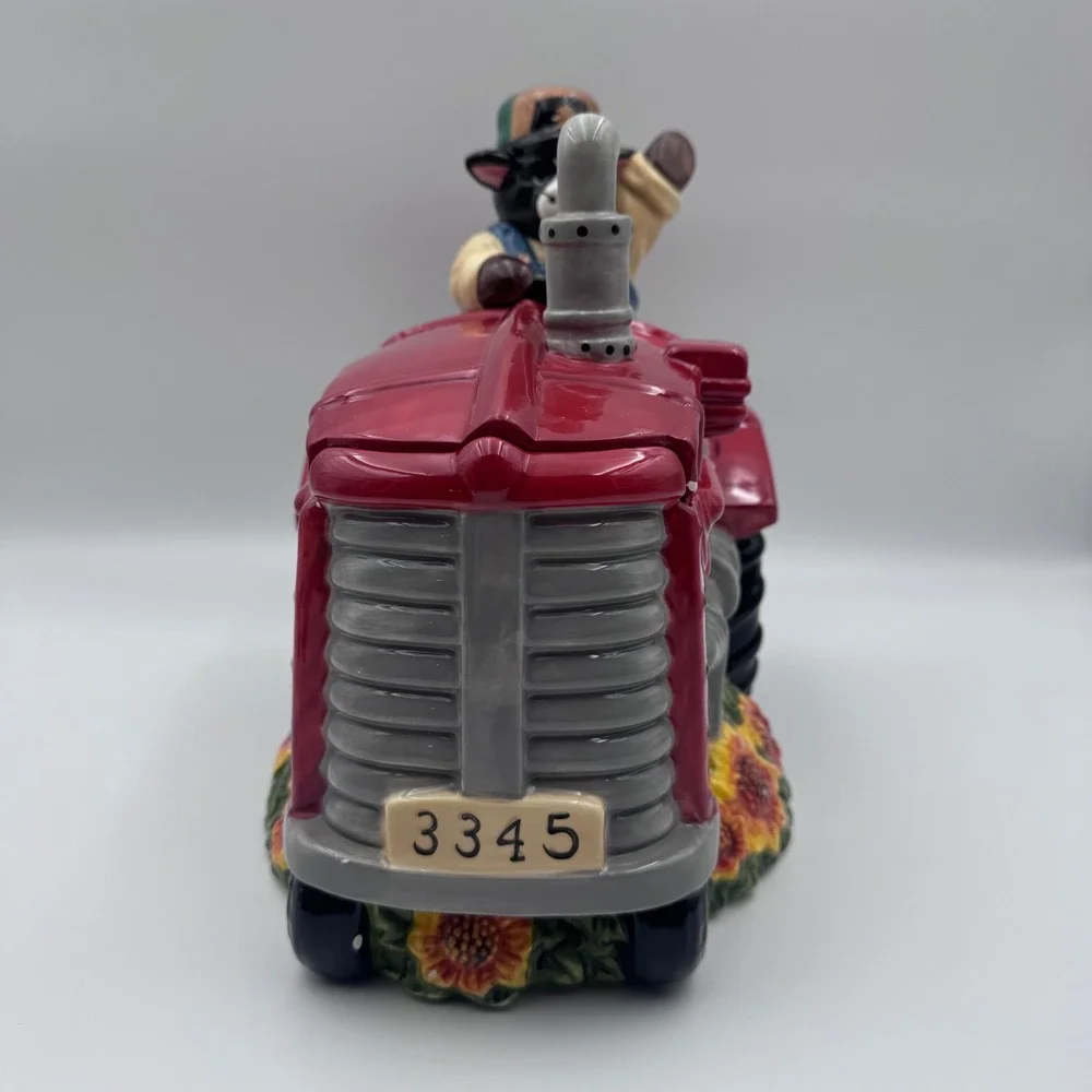 Vintage Cow Driving Red Tractor Ceramic Cookie Jar Farmhouse Decor 3345